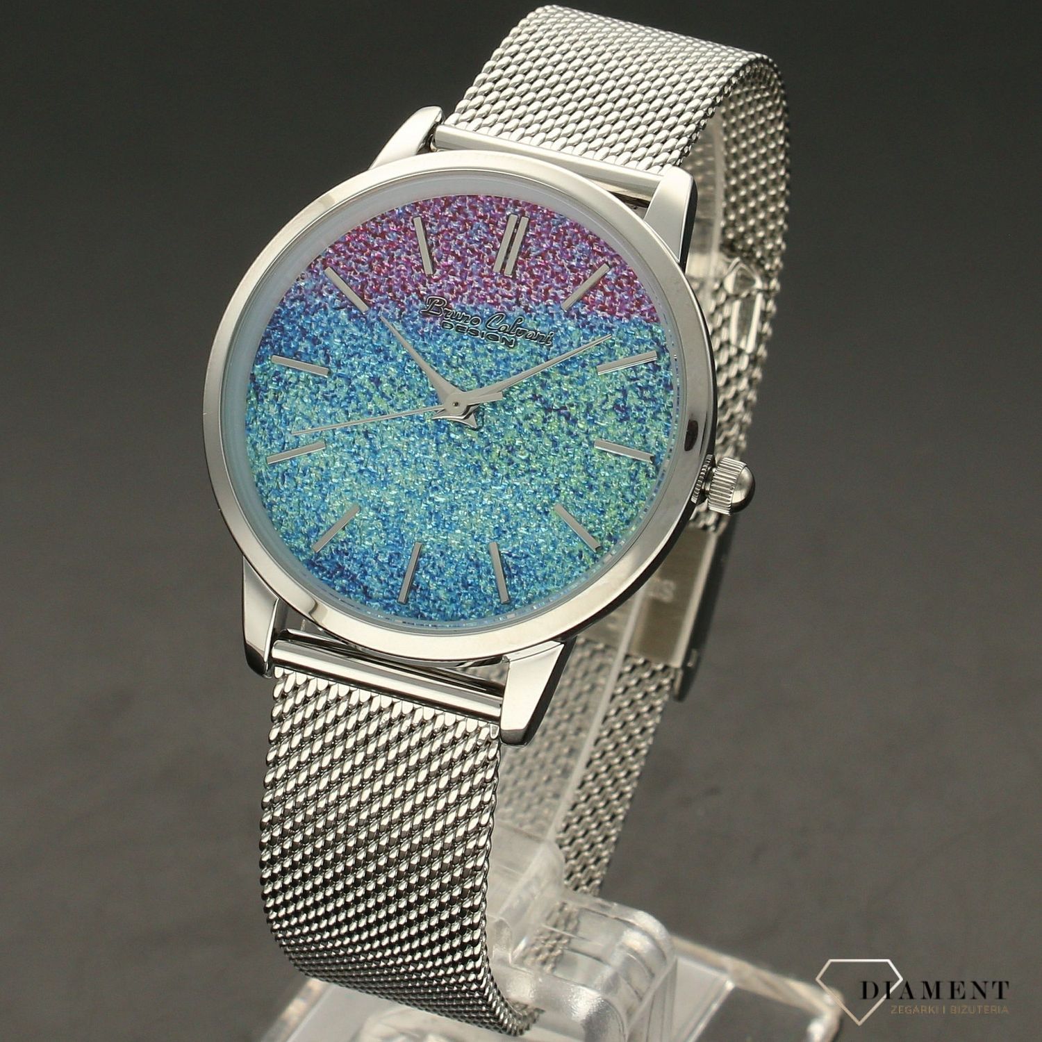 Zegarek damski BRUNO CALVANI BC90533 srebrny brokatowa tarcza.ka. Tarcza zegarka kolorowa. Bransoleta meshowa oraz koperta zegarka w kolorze srebrnym. Idealny pomysł na prezen (4).jpg